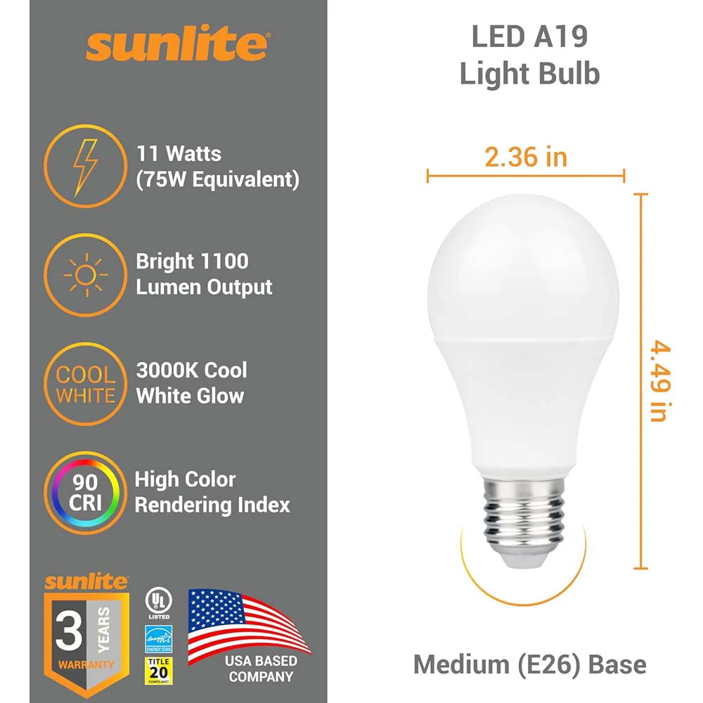 6Pk - Sunlite 11w LED A19 1100Lm 120V E26 Base 4000K Cool White Bulb - 75w equiv - Image 2