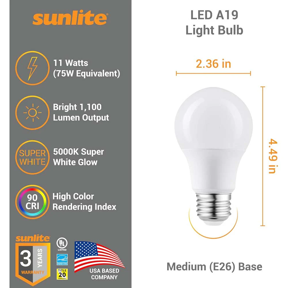 6Pk - Sunlite 11w LED A19 1100Lm 120V E26 Base 5000K SuperWhite Bulb - 75w equiv - Image 2