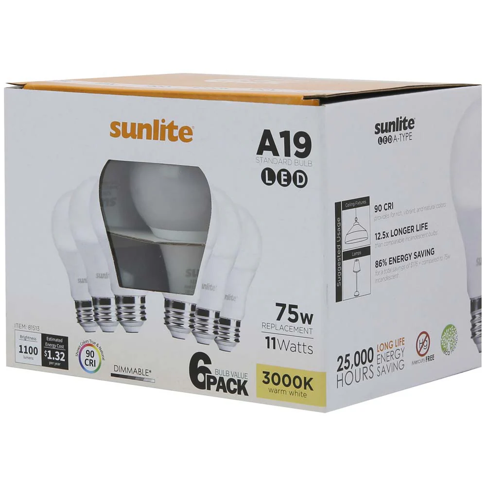 6Pk - Sunlite 11w LED A19 Dimmable 3000K Warm White Bulb - 75W Equiv - Image 2