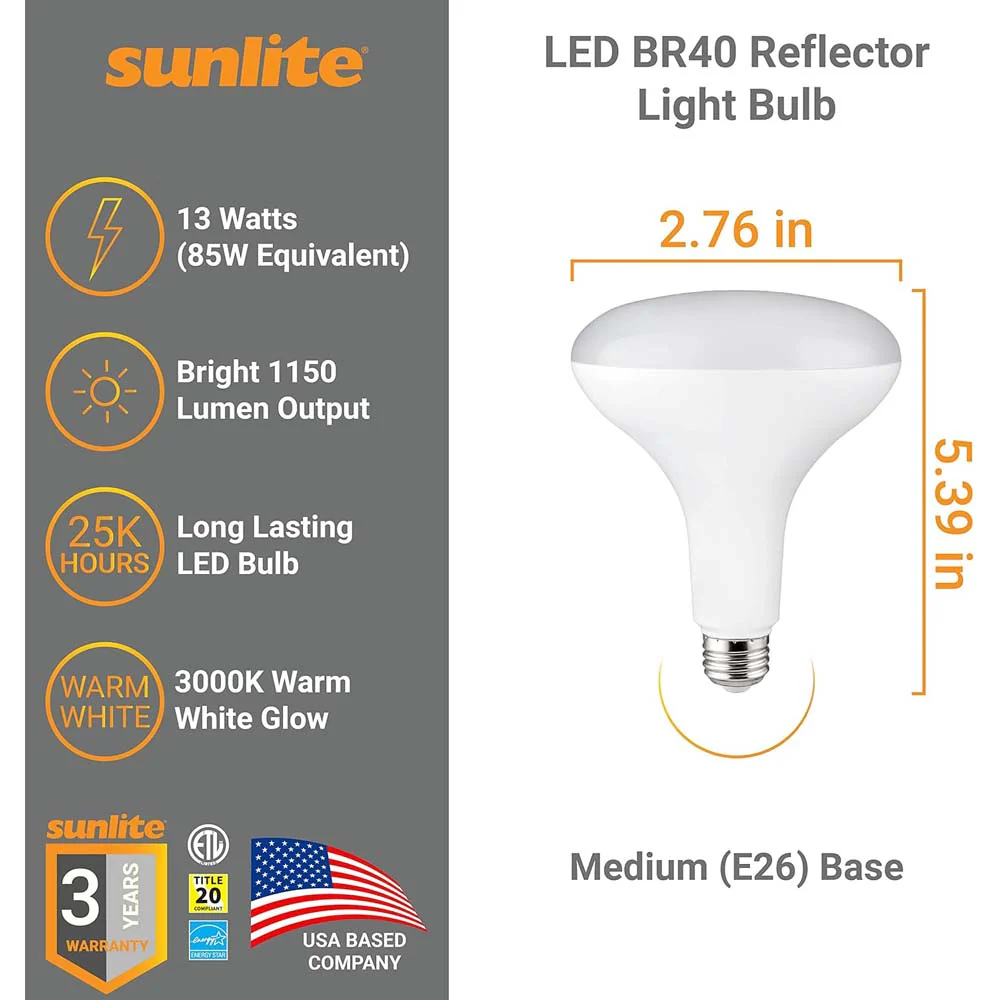 Sunlite 13w LED BR40 Reflector E26 Base Dimmable 3000K Bulb - 85w Equiv - Image 3