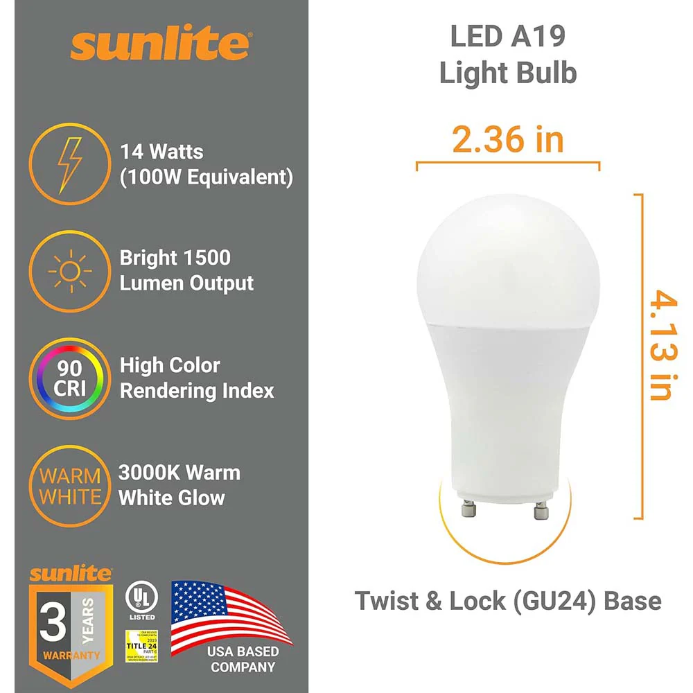 Sunlite 14w LED A19 120v Dimmable GU24 Base 3000K Bulb - 100w Equiv - Image 2