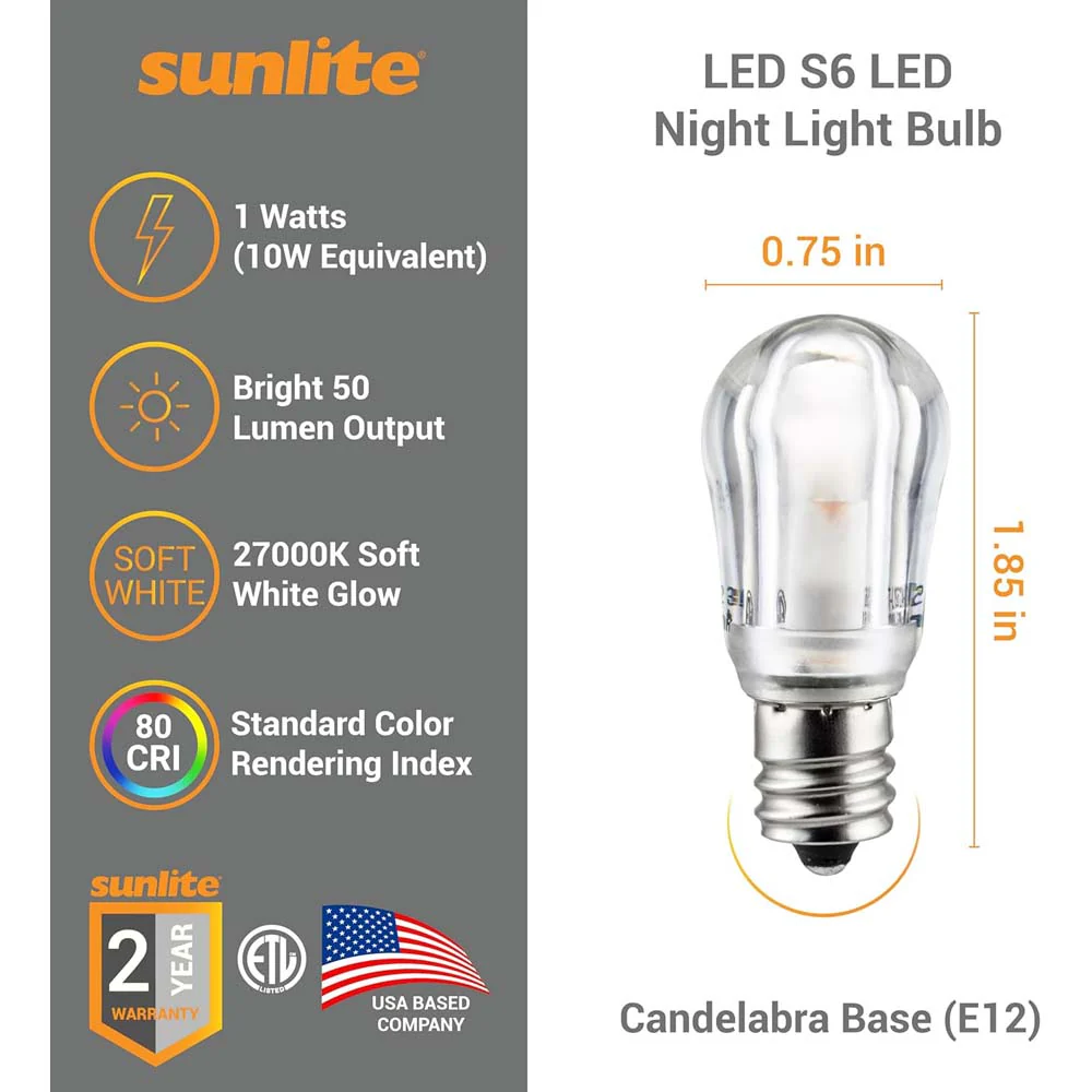 6Pk - Sunlite 1w S6 LED Night E12 Candelabra Base 2700K Warm White Bulb - Image 2