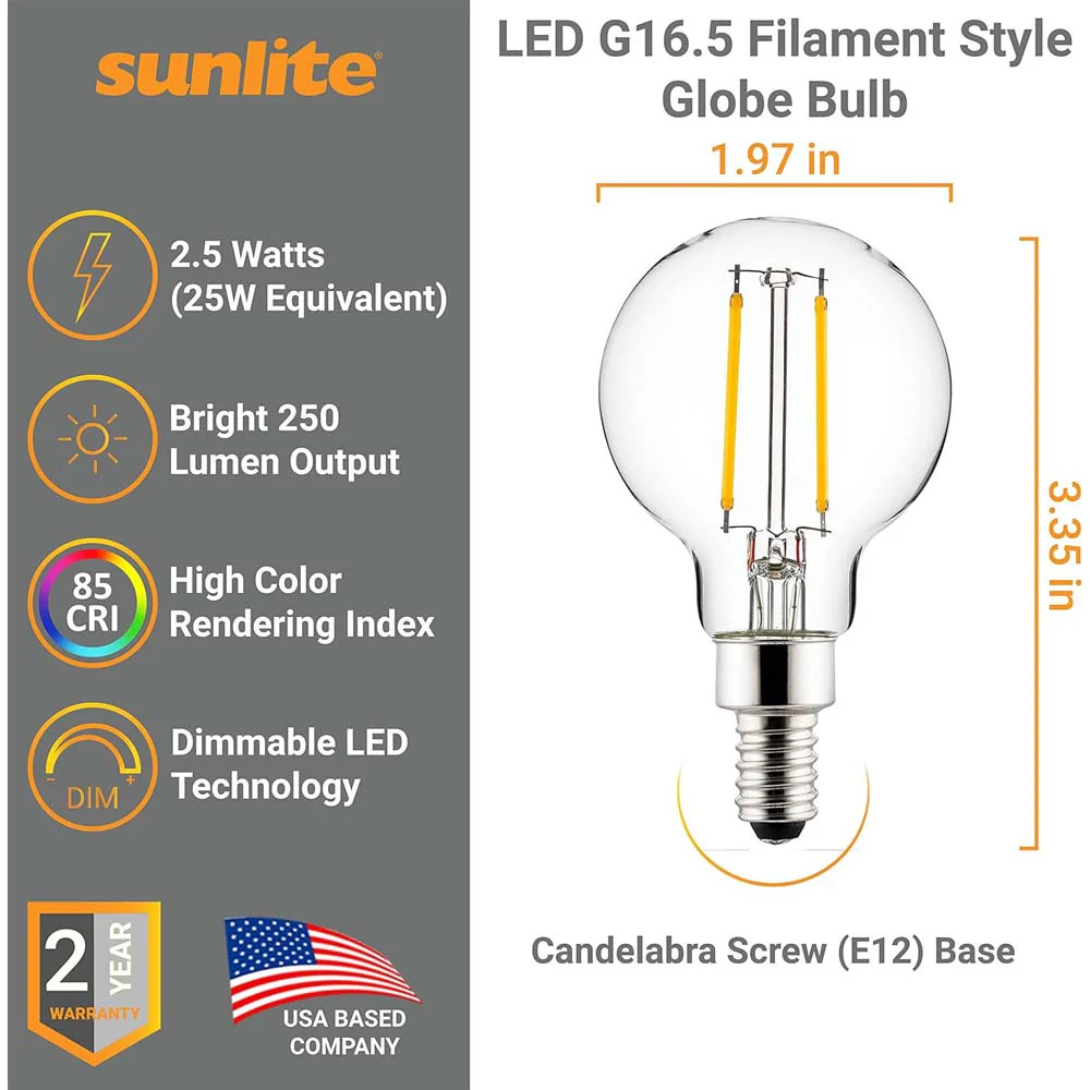 6Pk - Sunlite 2.5w LED G16.5 Globe E12 Base 3000K Bulb - 25W Equiv - Image 2