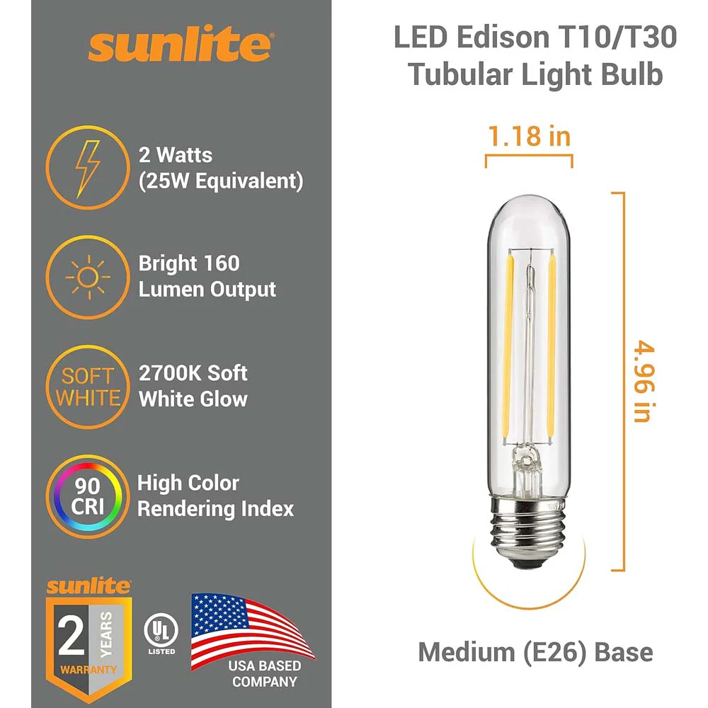 6Pk - Sunlite 2w LED Edison T10/T30 Tubular E26 2700K Bulb - 25W Equiv - Image 2