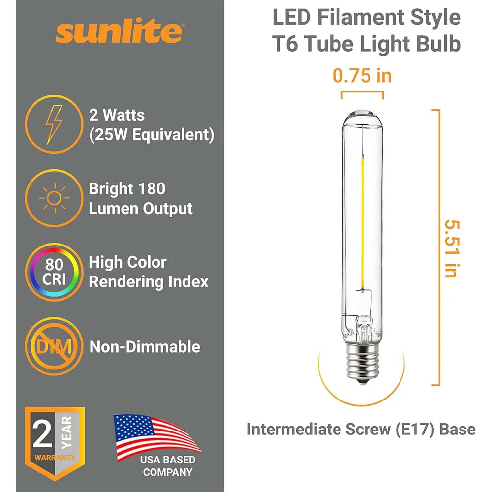6Pk - Sunlite 2w LED Filament T6 T6.5 Tubular E17 2700K Bulb - 25W Equiv - Image 2