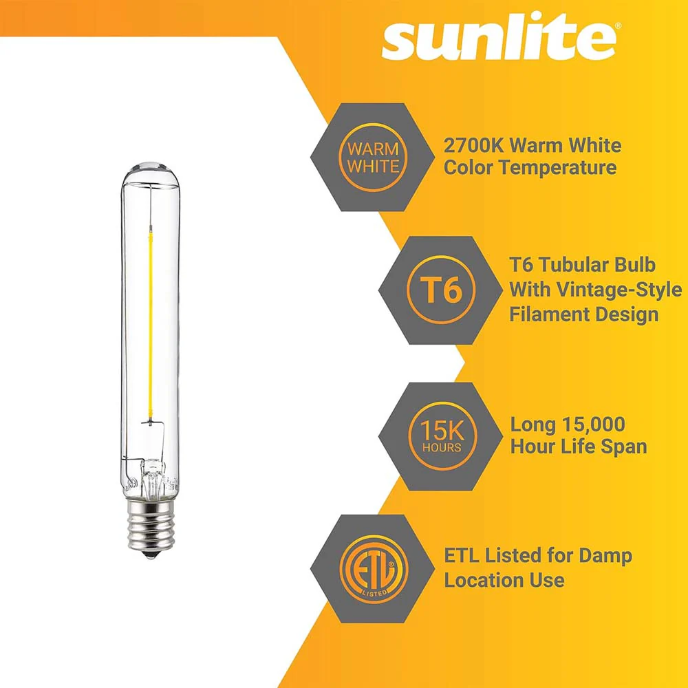 6Pk - Sunlite 2w LED Filament T6 T6.5 Tubular E17 2700K Bulb - 25W Equiv - Image 3