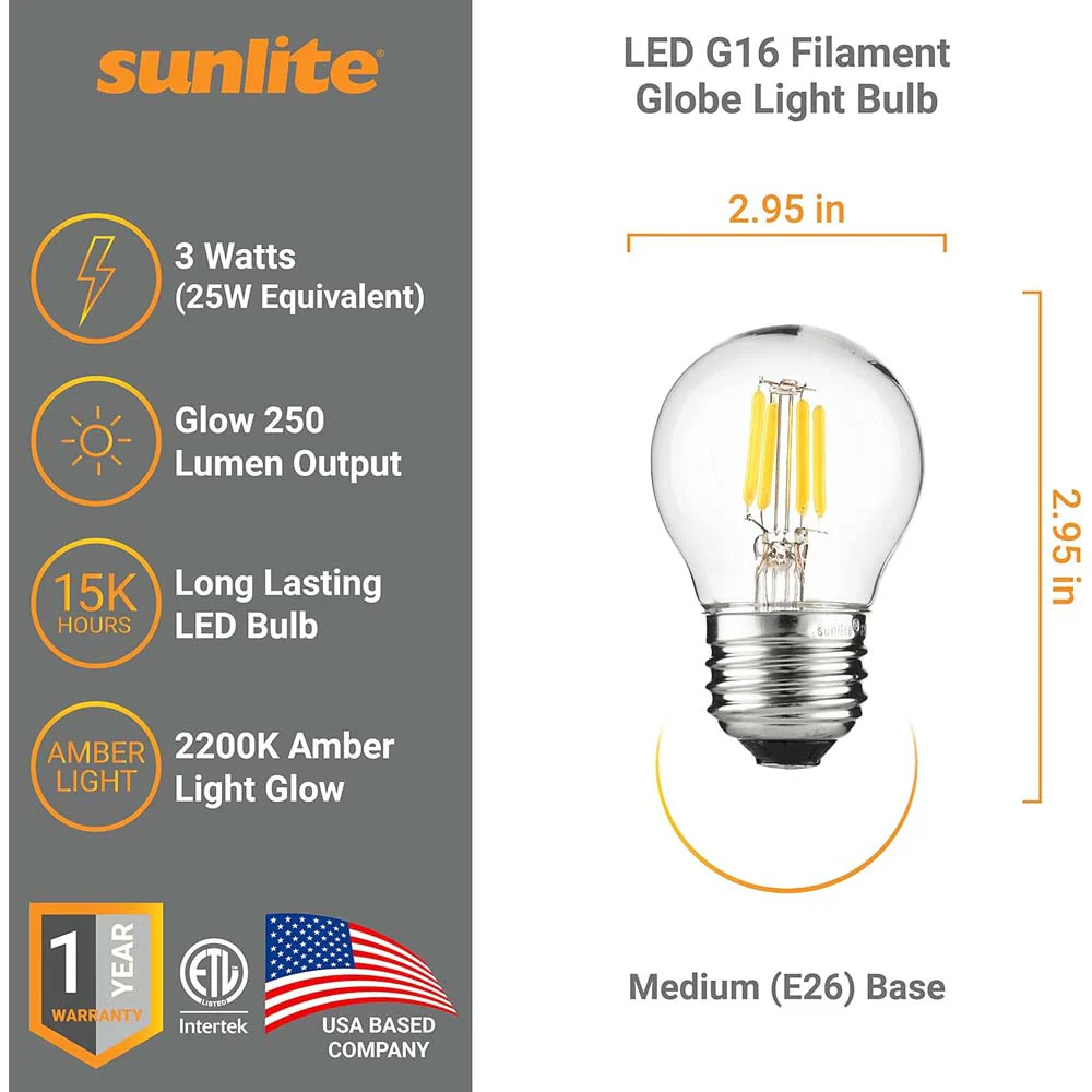 6Pk - Sunlite 3W LED G16 Bulb 2700K 250Lm E26 Base Clear Finish - Image 2