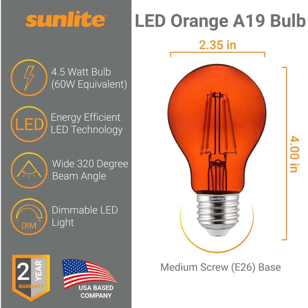 6Pk - Sunlite 4.5 Watts LED A19 Colored Orange Transparent Dimmable Light Bulb - Image 2