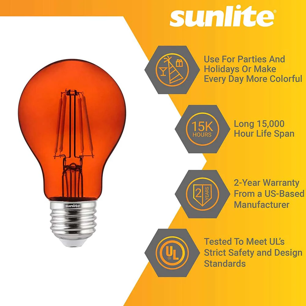 6Pk - Sunlite 4.5 Watts LED A19 Colored Orange Transparent Dimmable Light Bulb - Image 3