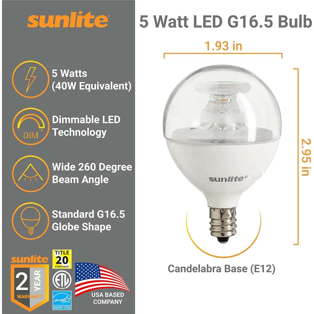 6Pk - Sunlite 5w LED G16.5 Clear E12 Base 3000K Bulb - 40W Equiv - Image 2