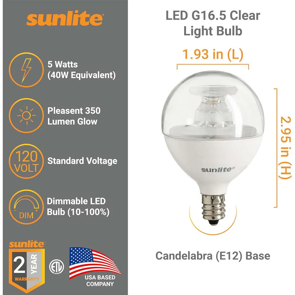6Pk - Sunlite 5w LED G16.5 Clear Globe E12 Base 4000K Bulb - 40W Equiv - Image 2