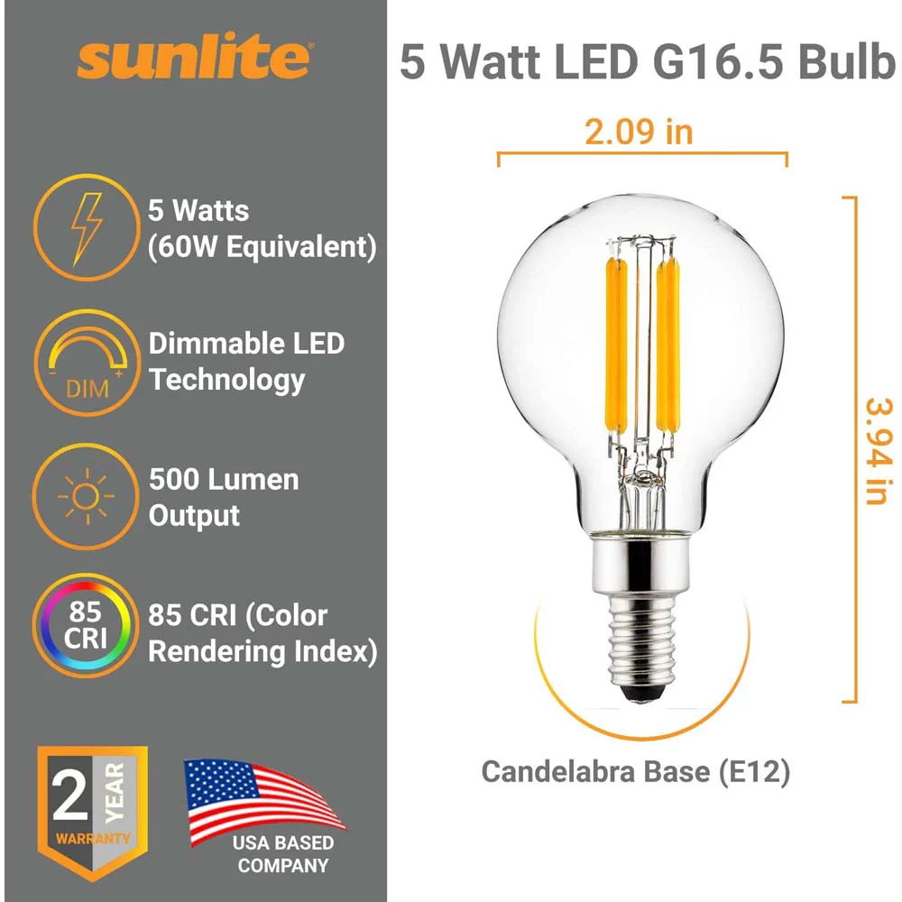 6Pk - Sunlite 5w LED G16.5 Filament Globe E12 Base 5000K Super White Bulb - Image 2