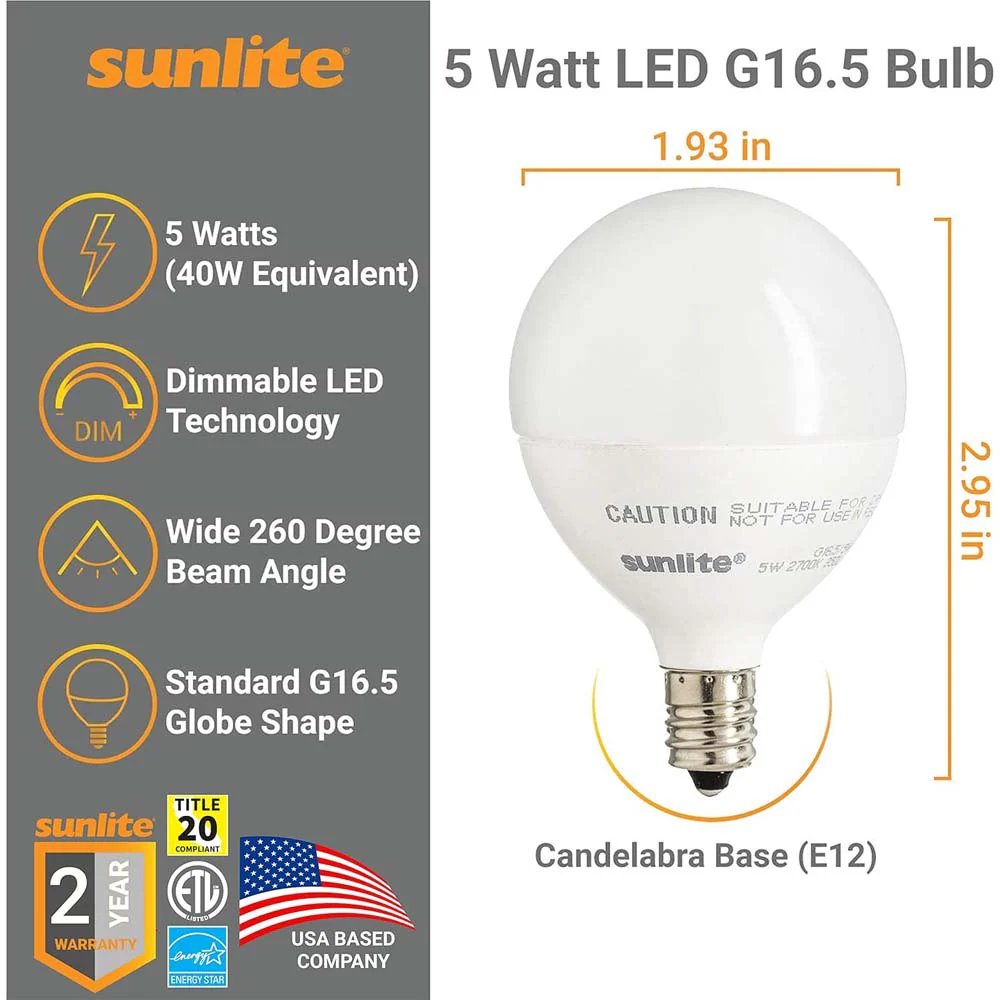 6Pk - Sunlite 5w LED G16.5 frosted E12 Base 3000K Bulb - 40W Equiv - Image 2