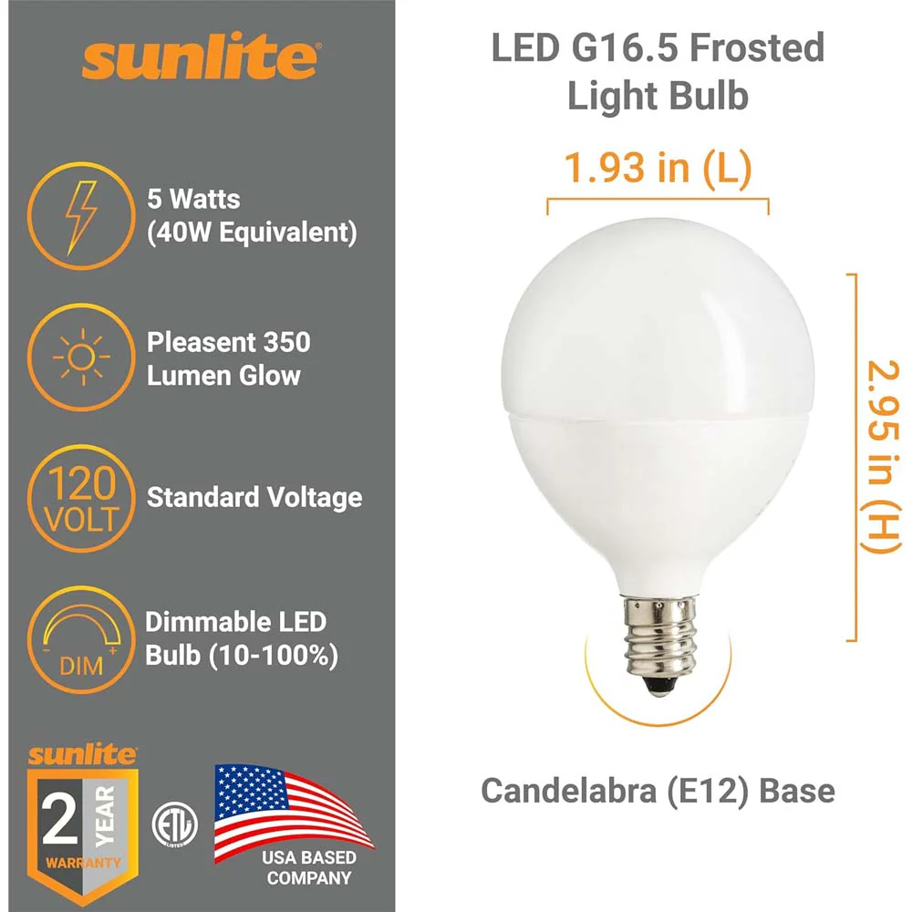 6Pk - Sunlite 5w LED G16.5 Frosted Globe E12 Base 4000K Bulb - 40W Equiv - Image 2