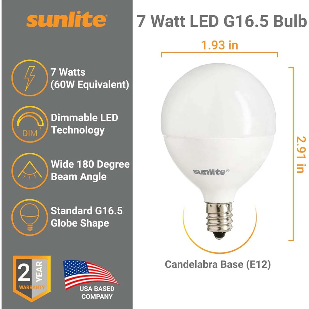 6Pk - Sunlite 5w Led G16.5 GlobeE12 Candelabra Frosted Dimmable Light Bulb - Image 2