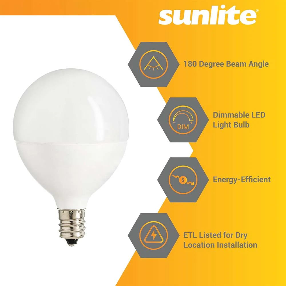 6Pk - Sunlite 5w Led G16.5 GlobeE12 Candelabra Frosted Dimmable Light Bulb - Image 3