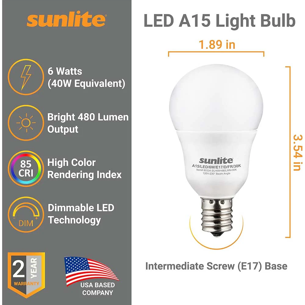 6Pk - Sunlite 6w LED A15 Frosted E17 Base Dimmable 3000K Bulb - 40W Equiv - Image 2