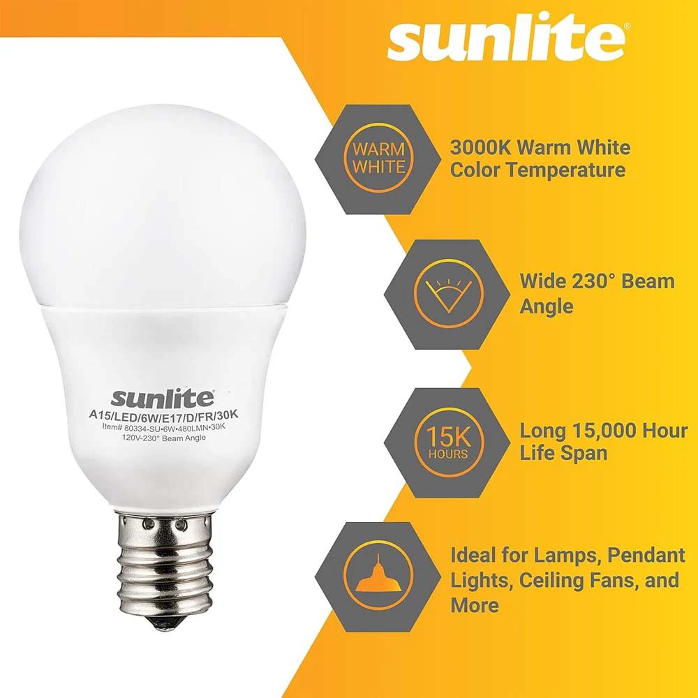 6Pk - Sunlite 6w LED A15 Frosted E17 Base Dimmable 3000K Bulb - 40W Equiv - Image 3