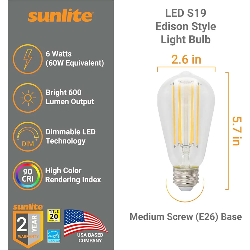 Sunlite 6w LED S19 Filament Style Edison E26 Base 2700K Bulb - 60W Equiv - Image 2