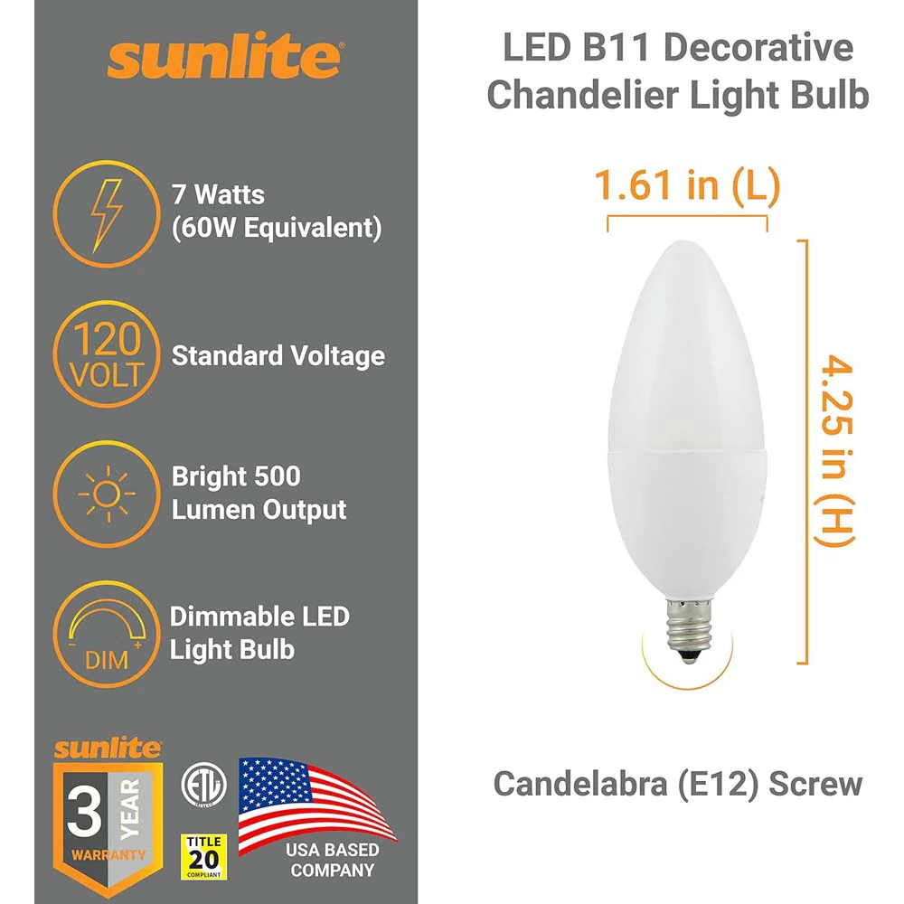 6Pk - Sunlite 7w LED B11 Decorative Chandelier E12 2700K Bulb - 60W Equiv - Image 2