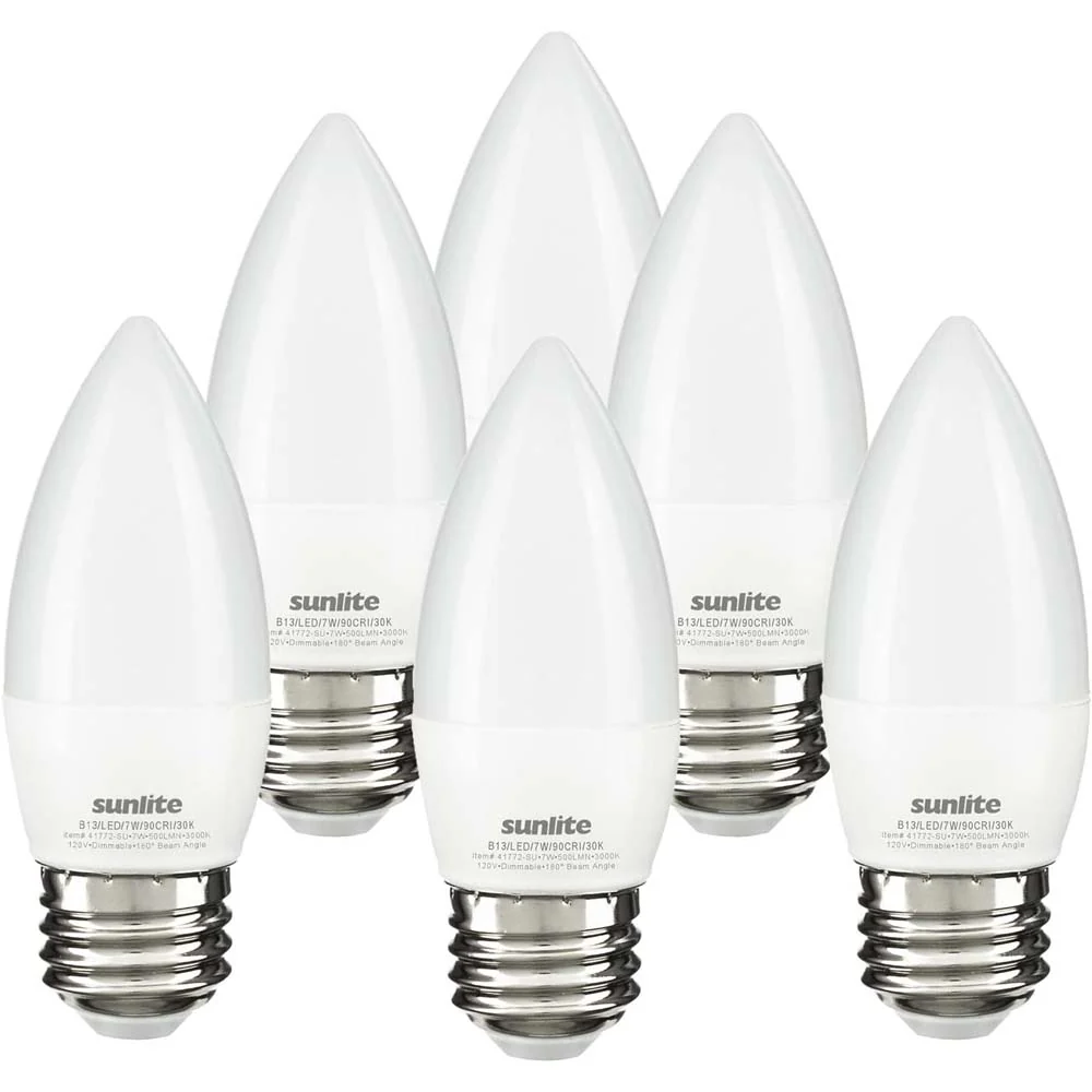 6Pk - Sunlite 7w LED B13 Decorative Chandelier E26 3000K Bulb - 60W Equiv