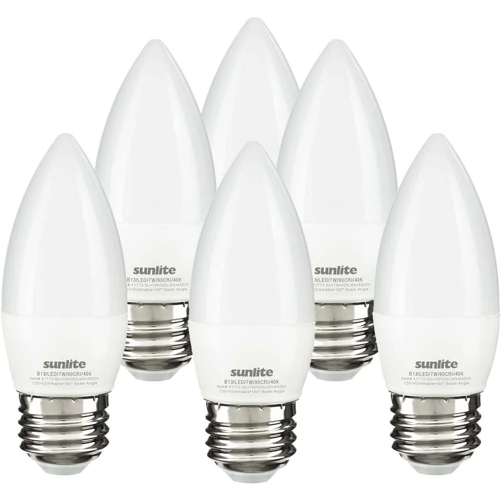 6Pk - Sunlite 7w LED B13 Decorative Chandelier E26 4000K Bulb - 60W Equiv