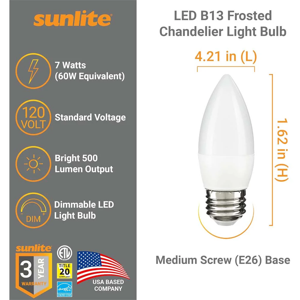 6Pk - Sunlite 7w LED B13 Decorative Chandelier E26 4000K Bulb - 60W Equiv - Image 2