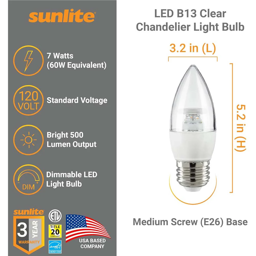 6Pk - Sunlite 7w LED B13 Decorative Chandelier E26 4000K Bulb - 60W Equiv - Image 2