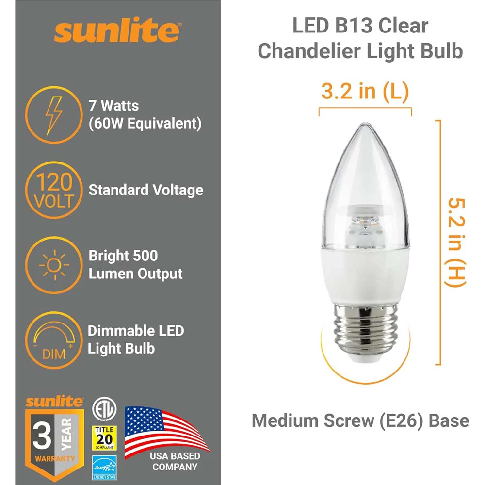 6Pk - Sunlite 7w LED B13 Decorative Chandelier E26 5000K Bulb - 60W Equiv - Image 2