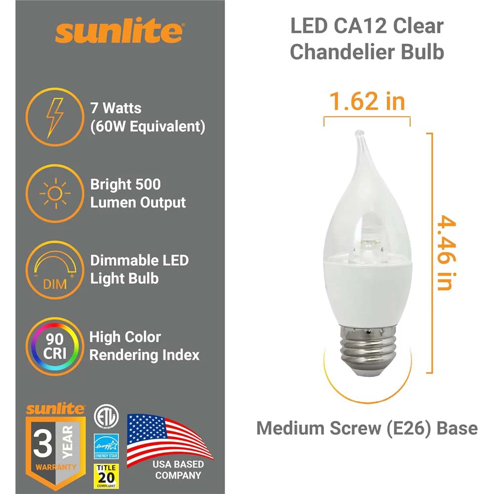 Sunlite 7w LED CA12 Clear Chandelier E26 Base 2700K Bulb - 60W Equiv - Image 2