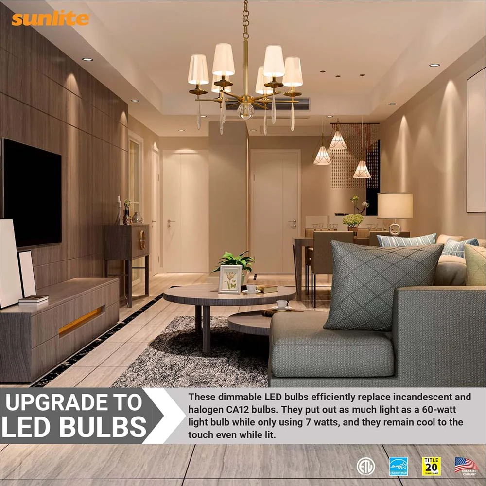 Sunlite 7w LED CA12 Clear Chandelier E26 Base 2700K Bulb - 60W Equiv - Image 4
