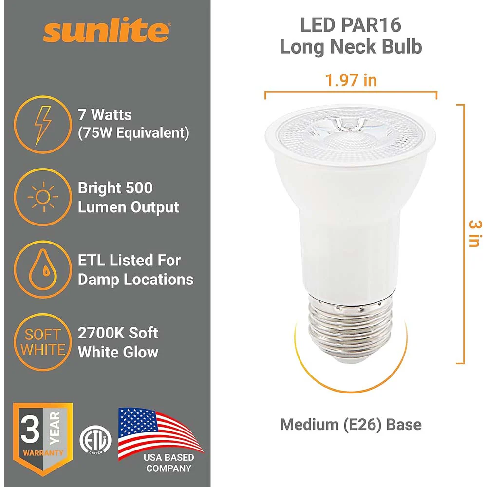 6Pk - Sunlite 7w LED PAR16 Long Neck Recessed 2700K Spot Bulb - 75W Equiv - Image 2