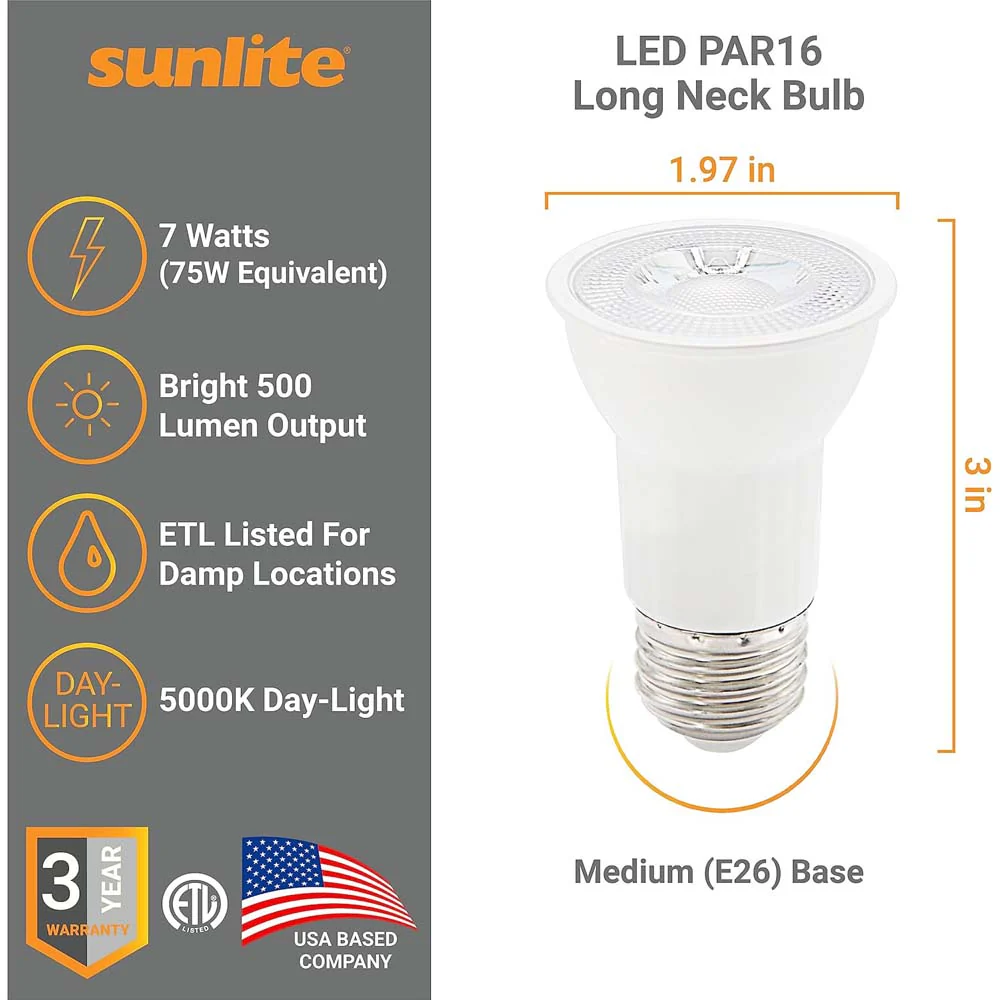 6Pk - Sunlite 7w LED PAR16 Long Neck SpotE26 Base 5000K Bulb - 75W Equiv - Image 2