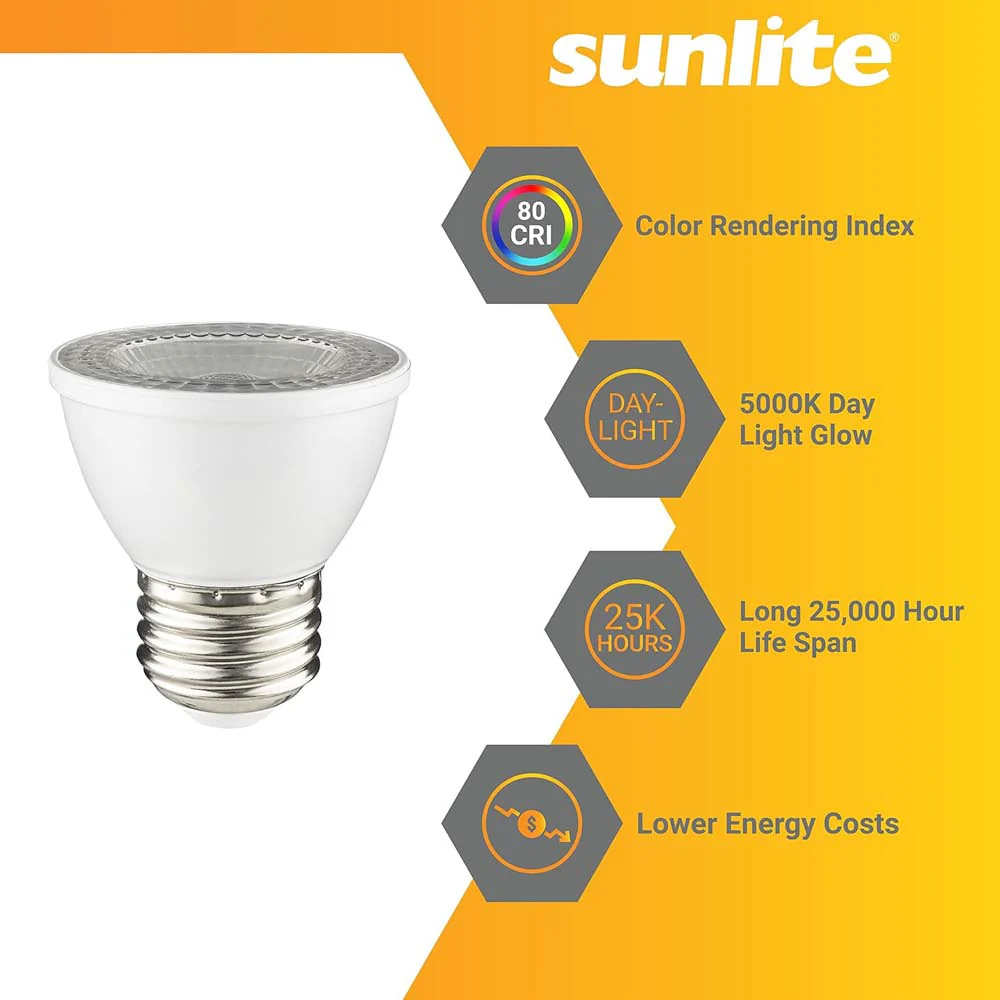 6Pk - Sunlite 7w LED PAR16 Short Neck E26 Base 5000K Bulb - 50W Equiv - Image 3
