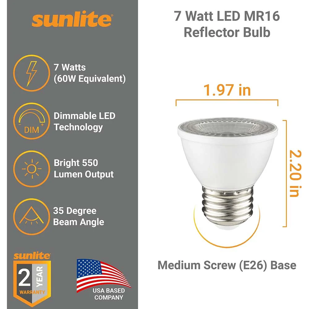 6Pk - Sunlite 7w LED PAR16 Short Neck SpotE26 Base 4000K Bulb - 60W Equiv - Image 2