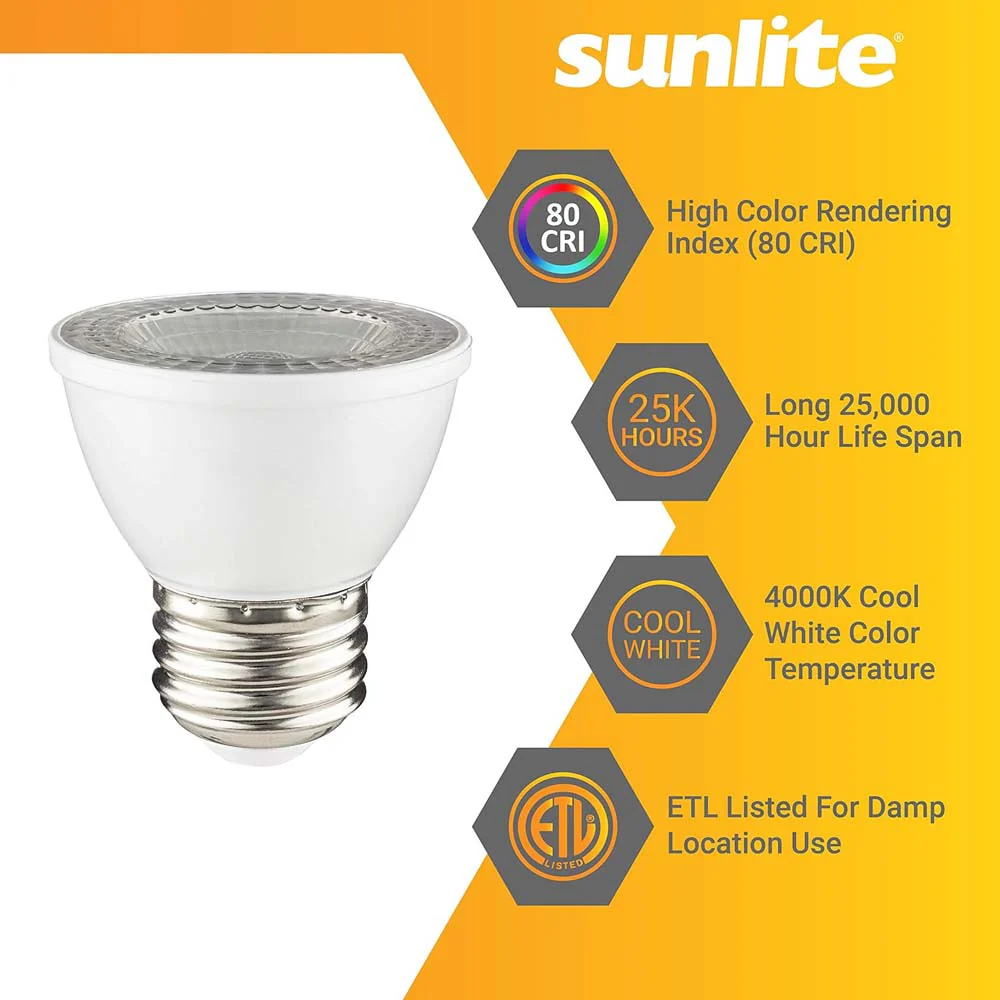6Pk - Sunlite 7w LED PAR16 Short Neck SpotE26 Base 4000K Bulb - 60W Equiv - Image 3
