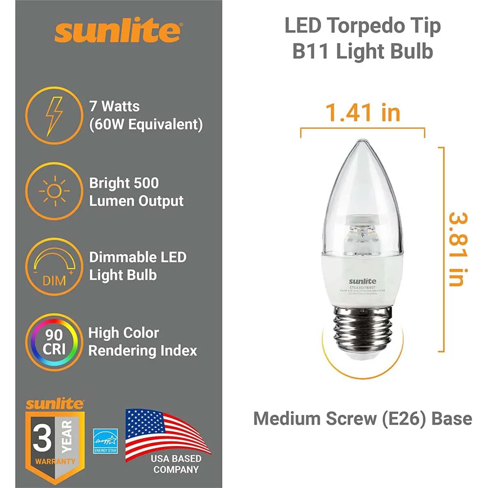 6Pk - Sunlite 7w LED Torpedo Tip B10 Clear Chandelier E26 2700K Bulb - 60W Equiv - Image 2