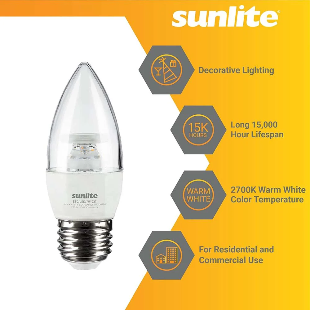 6Pk - Sunlite 7w LED Torpedo Tip B10 Clear Chandelier E26 2700K Bulb - 60W Equiv - Image 3