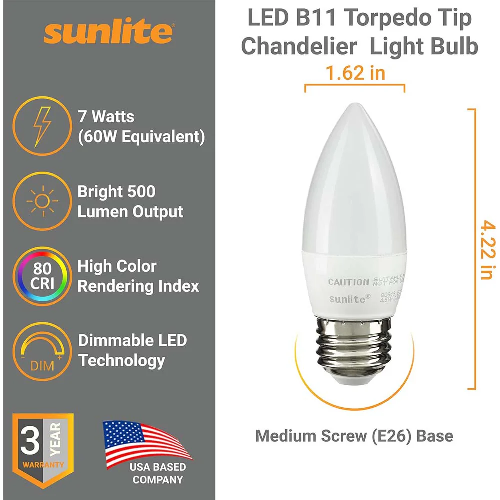 6Pk - Sunlite 7w LED Torpedo Tip B11 Chandelier E26 2700K Bulb - 60W Equiv - Image 2