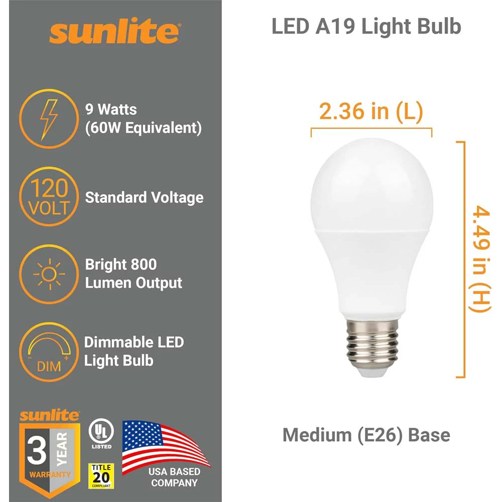 6Pk - Sunlite 9w A19 LED 800Lm 120V Dimmable E26 Base 5000K Bulb - 60wequiv - Image 2
