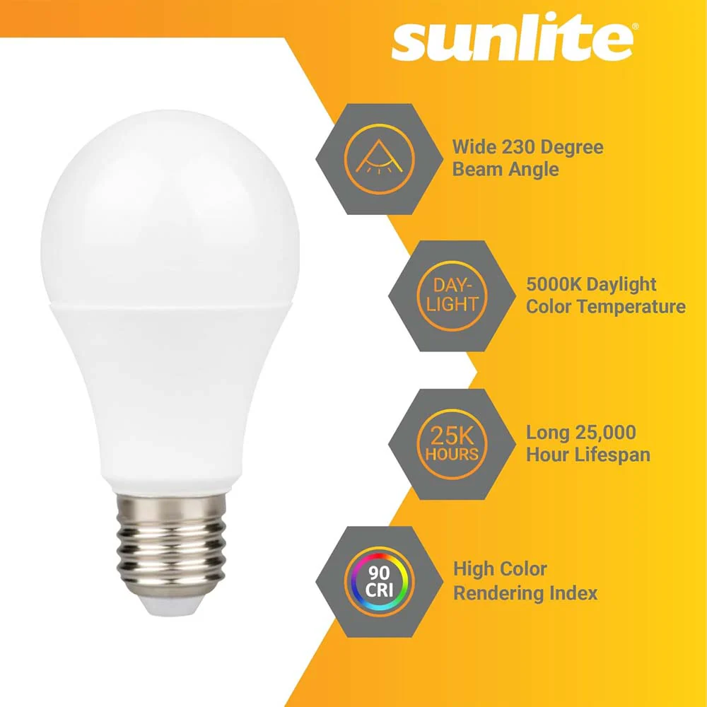 6Pk - Sunlite 9w A19 LED 800Lm 120V Dimmable E26 Base 5000K Bulb - 60wequiv - Image 3