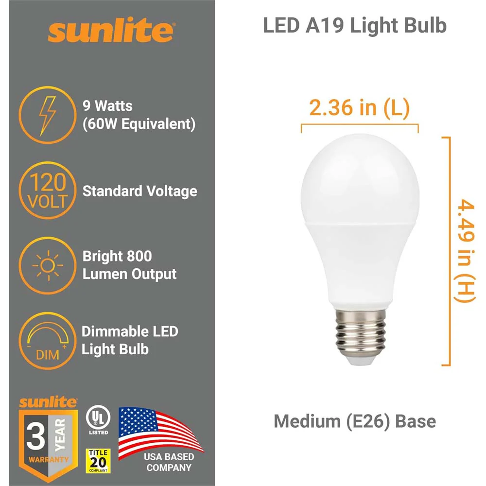 Sunlite 9w LED A19 Dimmable 4000K Cool White Bulb - 60W Equiv - Image 2