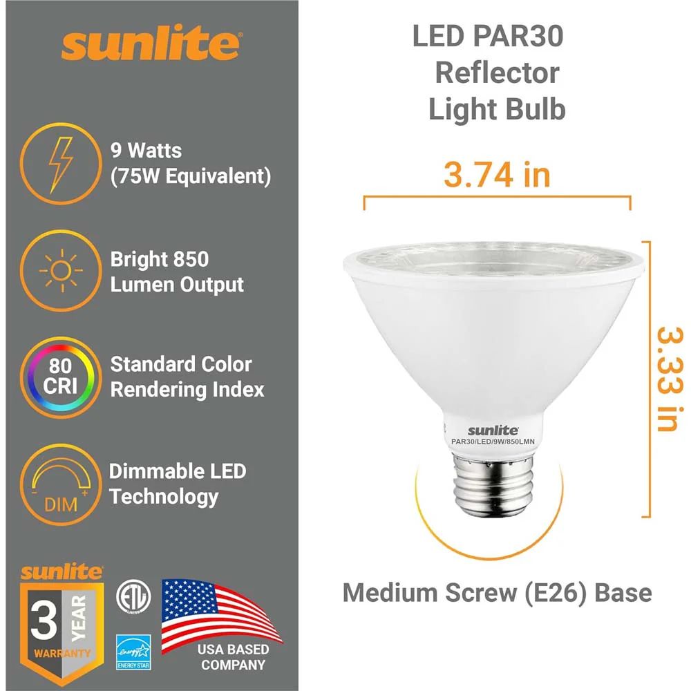 6Pk - Sunlite 9w LED Par30 Short Neck E26 Base Dimmable 5000k Bulb - 75W Equiv - Image 2