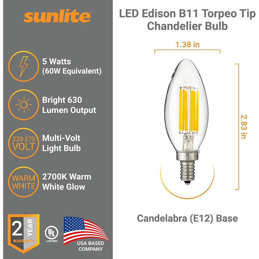 6PK - Sunlite LED 5W 220-277v 2700k E12 Candelabra Screw Bulb - Image 3