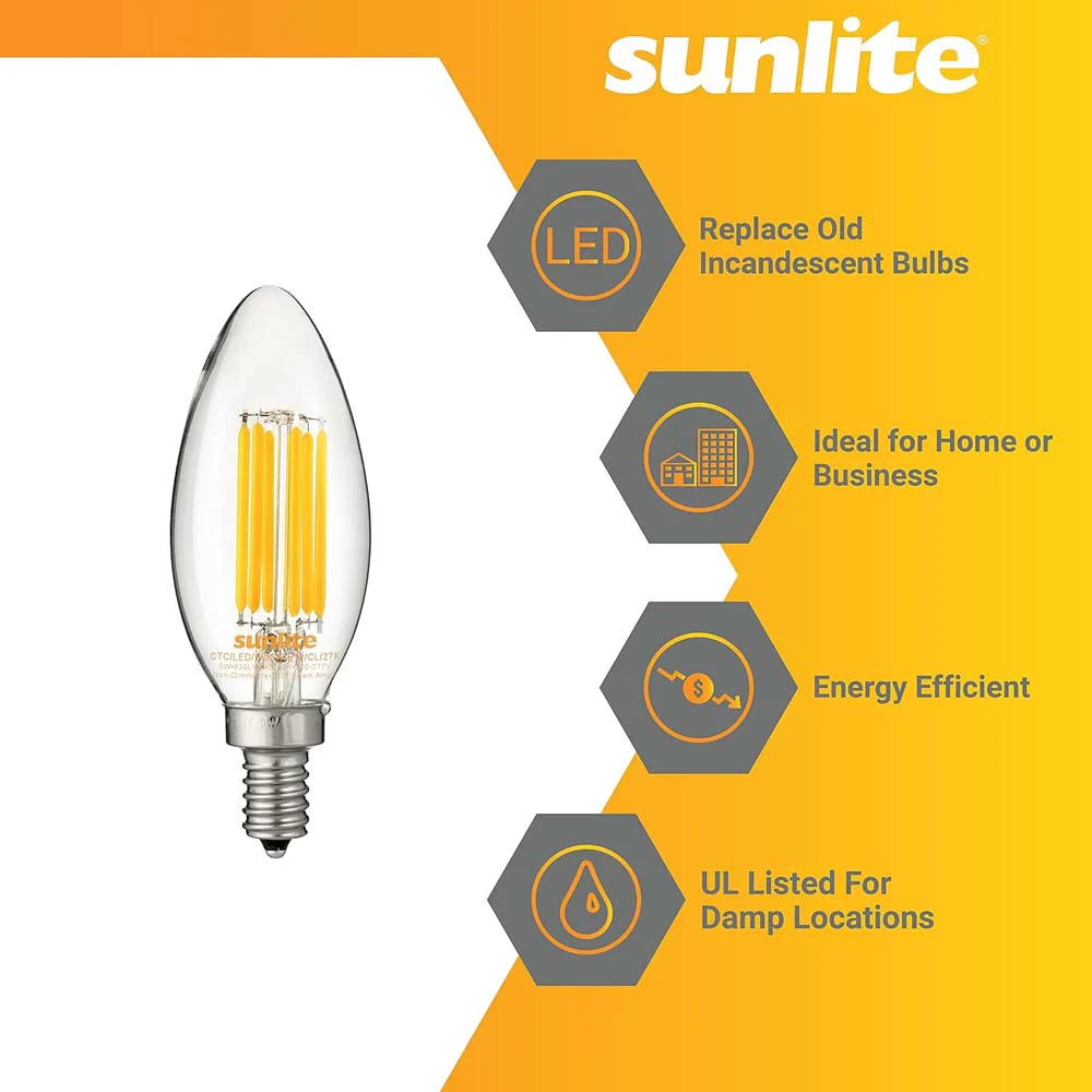 6PK - Sunlite LED 5W 220-277v 2700k E12 Candelabra Screw Bulb - Image 4