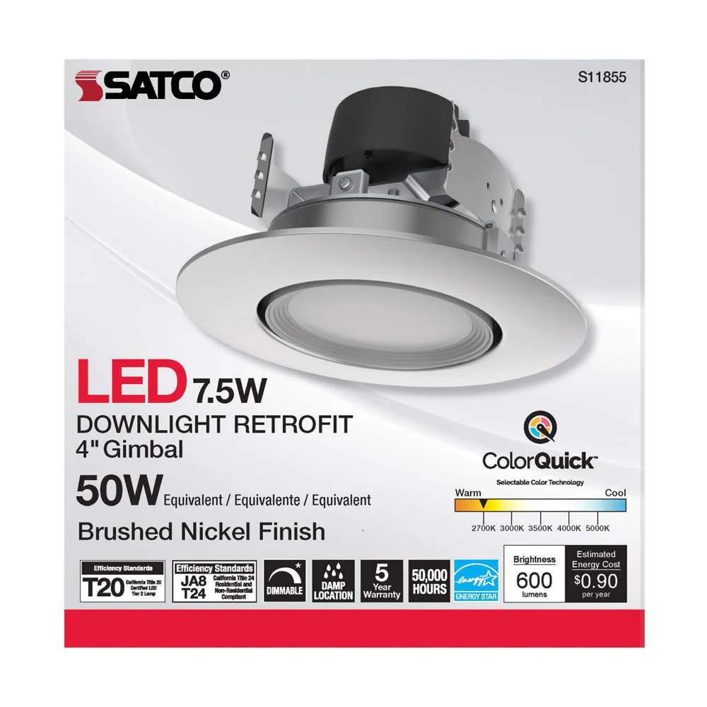 7.5w LED Direct Wire Downlight 120v CCT Tunable Brushed Nickel Finish - Image 3