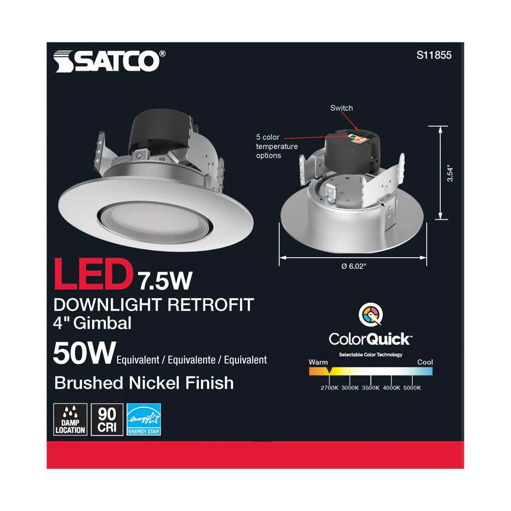 7.5w LED Direct Wire Downlight 120v CCT Tunable Brushed Nickel Finish - Image 4
