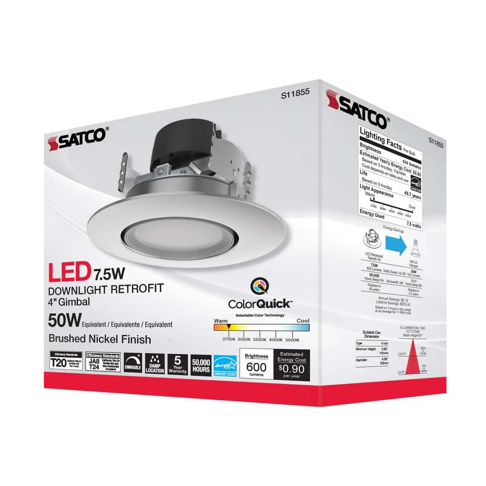 7.5w LED Direct Wire Downlight 120v CCT Tunable Brushed Nickel Finish - Image 7