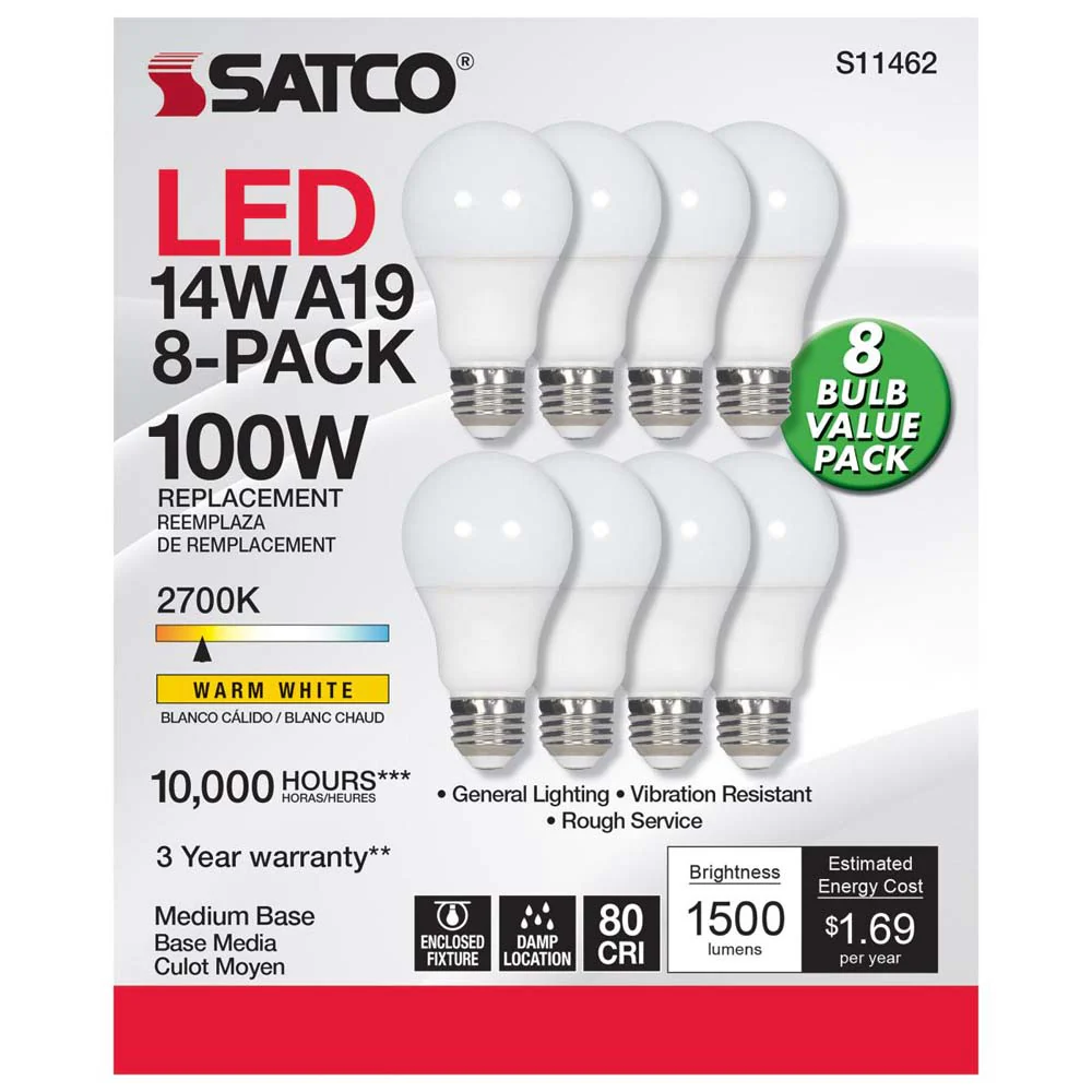 8Pk - 14W A19 LED 2700K Non-Dimmable E26 Medium base - 100w equiv - Image 2