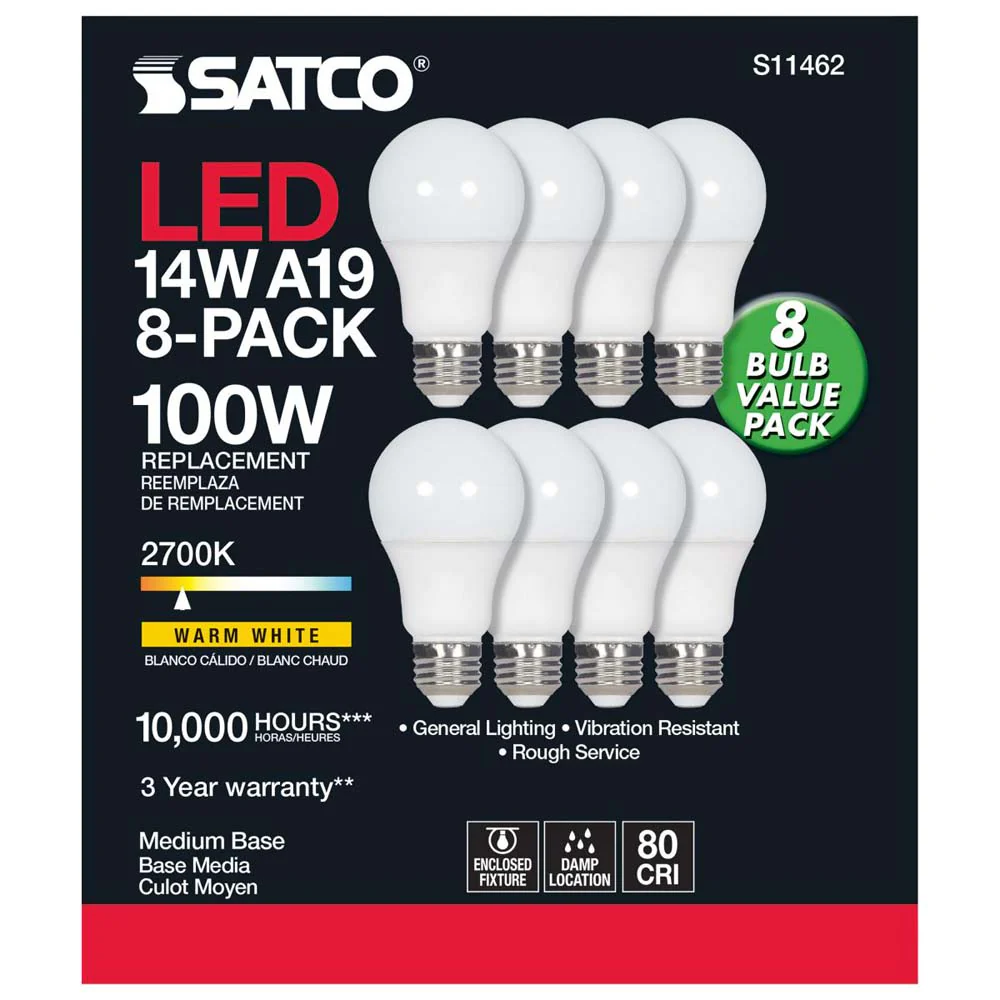 8Pk - 14W A19 LED 2700K Non-Dimmable E26 Medium base - 100w equiv - Image 3
